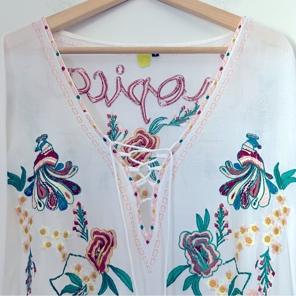 Rare Farm Rio Colorful Embroidered Tropical White Kaftan Beach Cover-up One Size - Picture 3 of 14